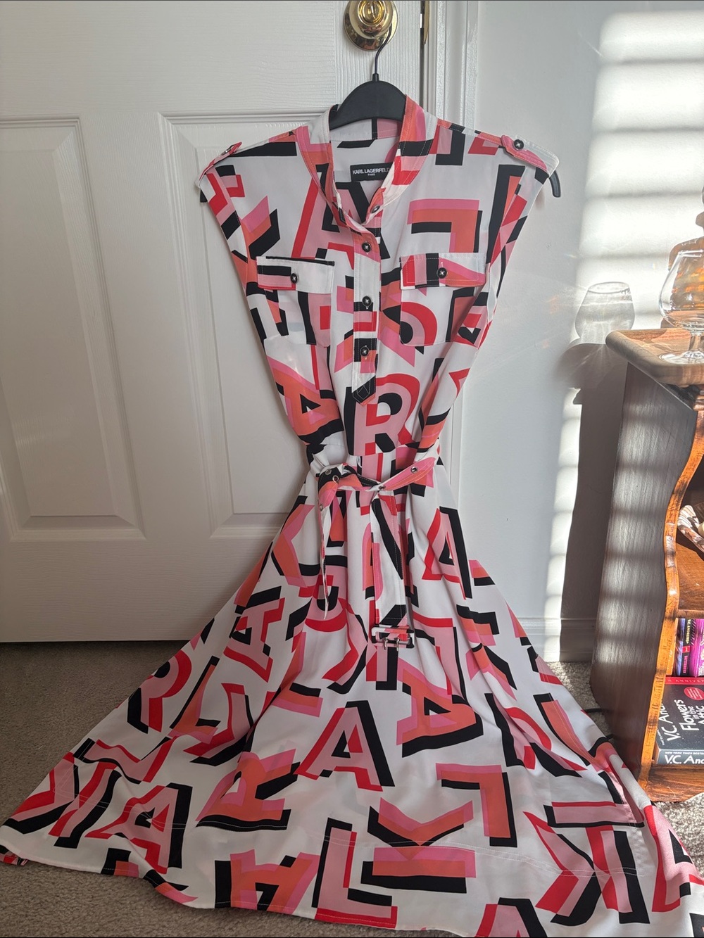 Karl lagerfeld Geometric Pink & Black Belted Shirt Dress